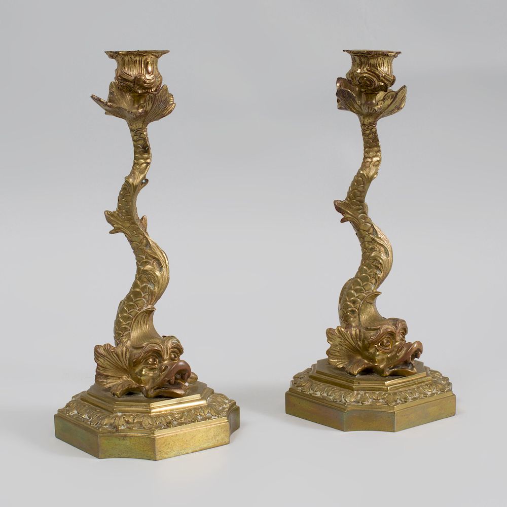 Appraisal: Pair of Regency Gilt-Bronze Dolphin Candlesticks Unmarked x in diam