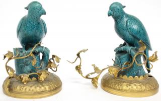 Appraisal: Theodore Deck Porcelain Lamp Bases Of molded porcelain parrots perched