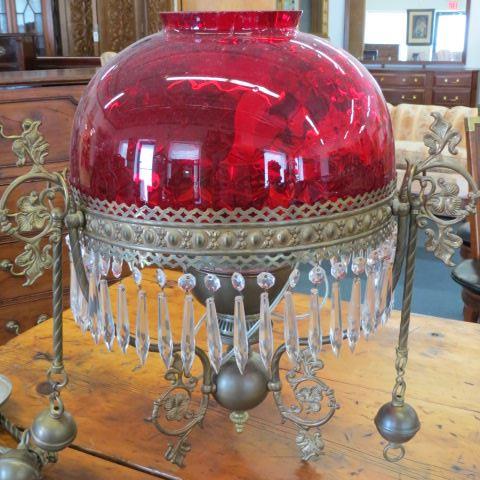 Appraisal: Cranberry Glass Victorian Chandelier diamond quilted shade crystal teardrop prisms