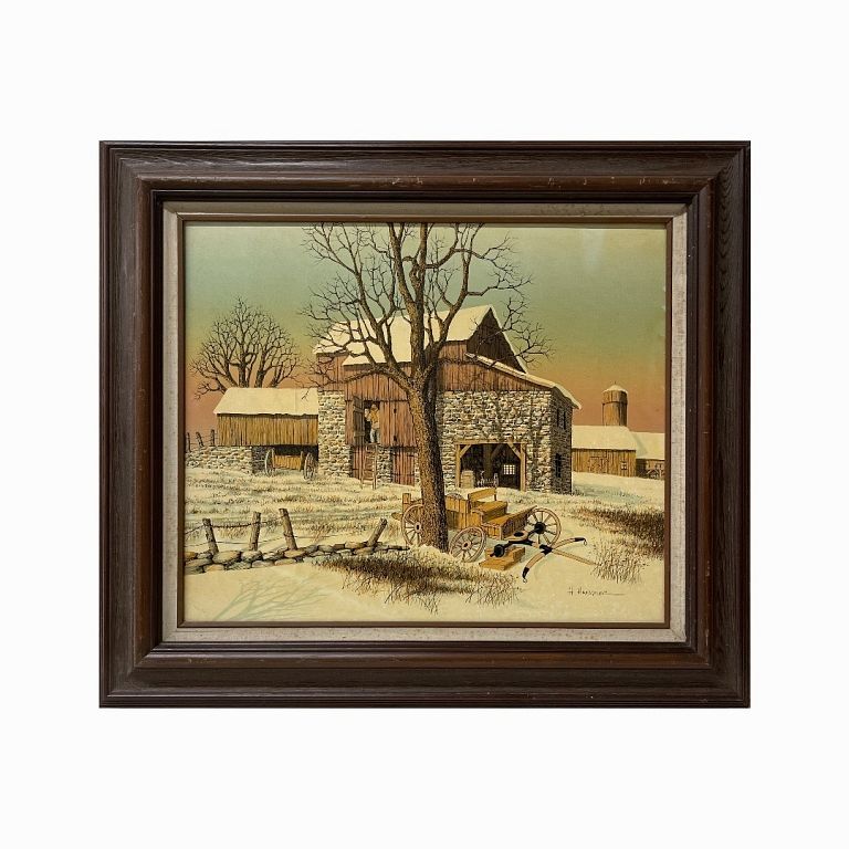 Appraisal: H Hargrove Winter Barn Scene H Hargrove Winter Barn Scene