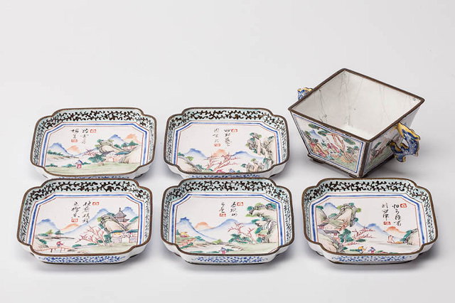 Appraisal: A TH CENTURY CHINESE CANTON SQUARE ENAMELLED DISH with looped