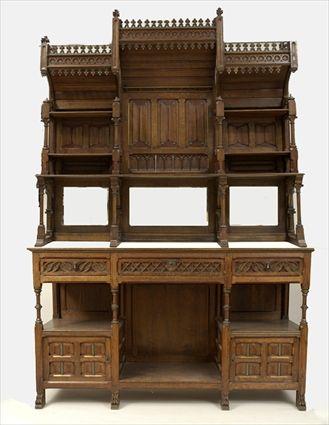 Appraisal: English Reformed Gothic Carved and Polychromed Oak Sideboard ft in