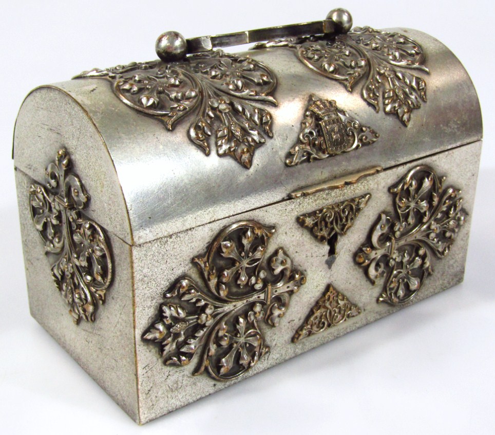 Appraisal: A domed topped silver plated jewellery casket relief cast with