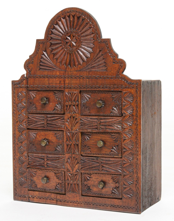 Appraisal: AMERICAN CHIP CARVED SPICE CABINET Late th-early th century mahogany