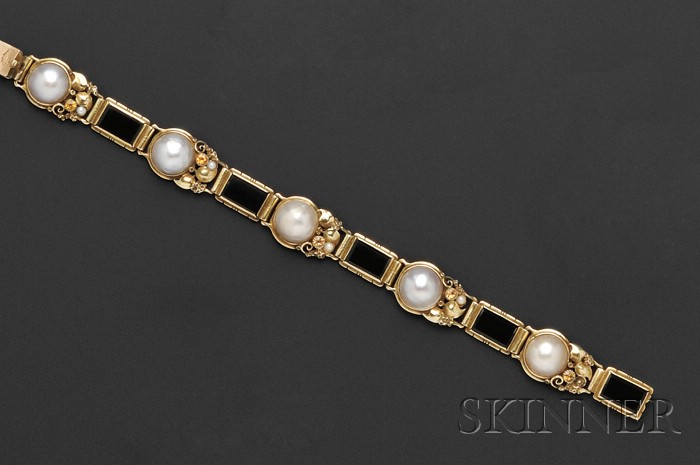 Appraisal: Arts Crafts kt Gold Mabe Pearl and Onyx Bracelet Edward