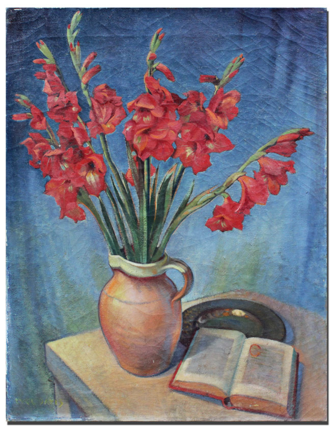 Appraisal: DAVIS Cyril English - Modernist still life of red gladiolas