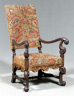 Appraisal: Flemish Baroque style open armchair boldly scrolled arms carved arm