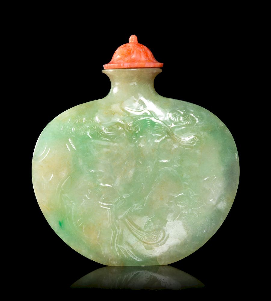 Appraisal: An Apple Green and Celadon Jadeite Snuff Bottle Height in