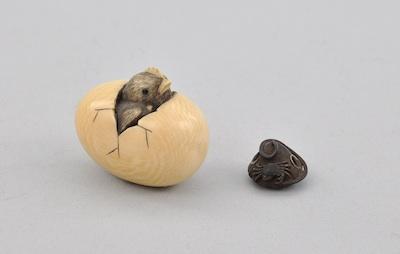 Appraisal: Two Netsuke of Bronze Lotus Seed Pod and a Hatching