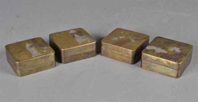 Appraisal: Chinese Qing Brass Ink BoxesEach finely incised one depictig crane