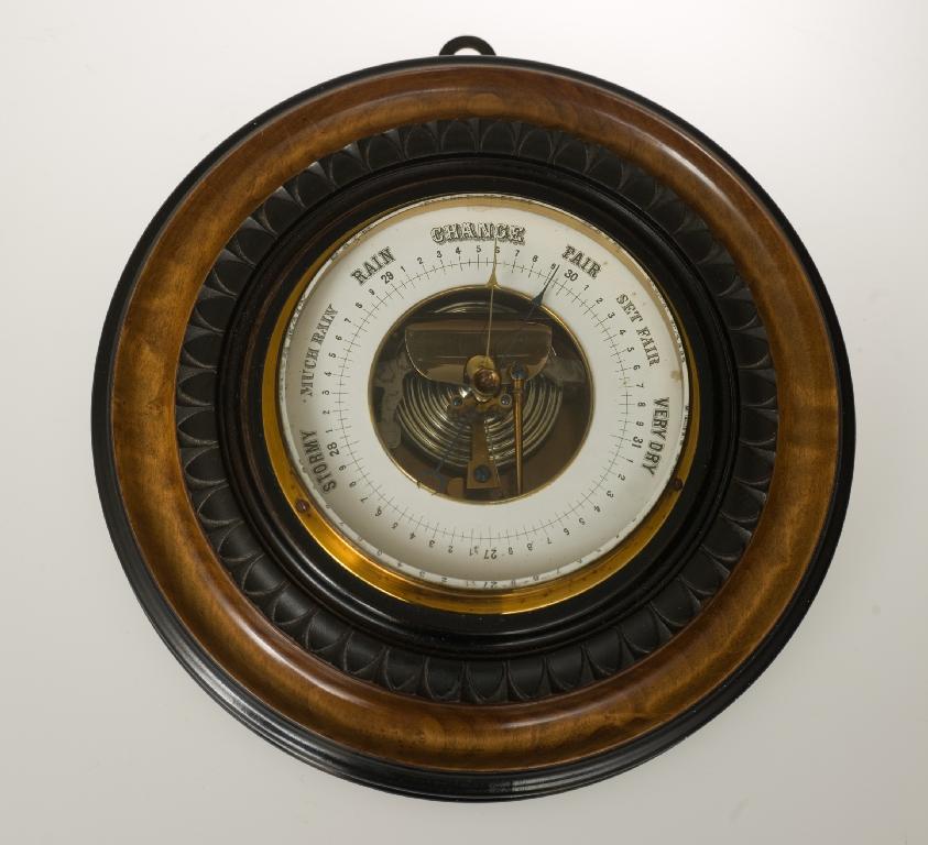 Appraisal: LATE VICTORIAN CIRCULAR ANEROID BAROMETER the visible mechanism with white