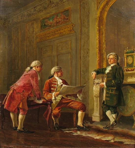 Appraisal: Nattonier th century An interior scene with three gentlemen signed