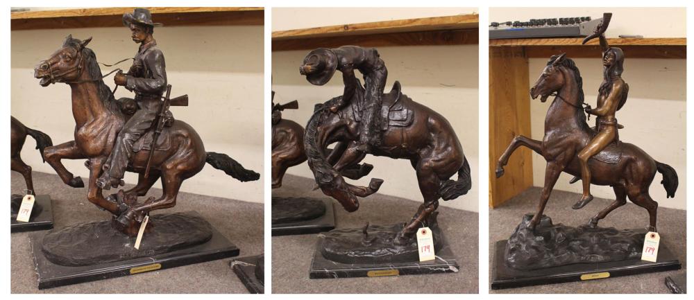 Appraisal: THREE WESTERN BRONZE HORSE AND RIDER SCULPTURES after the works