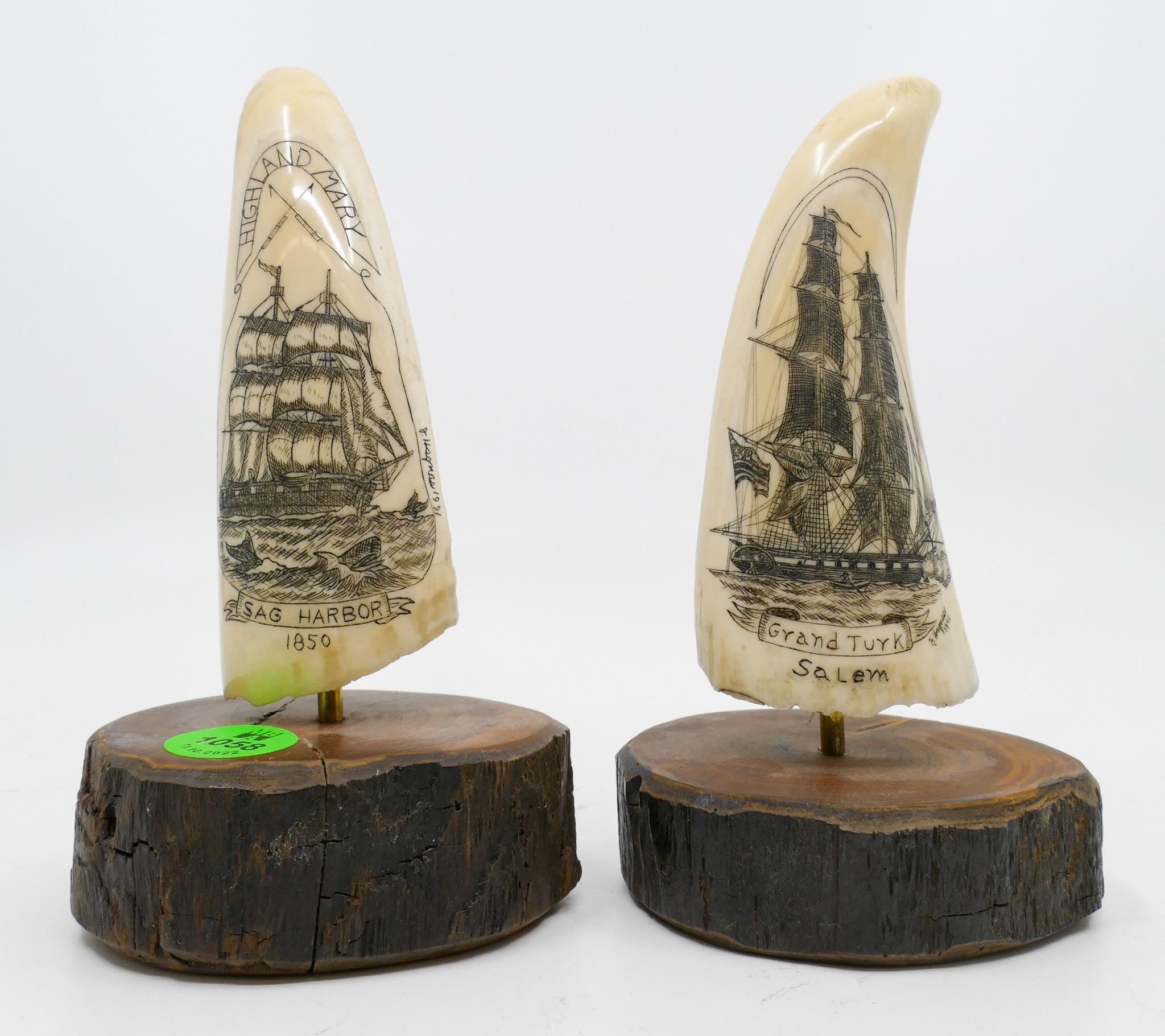 Appraisal: pc J Haynes Maritime Scrimshawed Tooth Sculptures on Stands ''