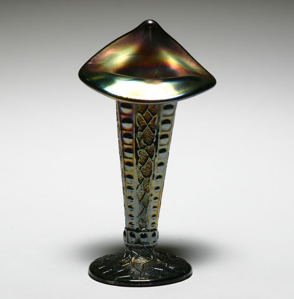 Appraisal: Dugan Formal black amethyst Carnival glass jack-in-the-pulpit vase Leans slightly