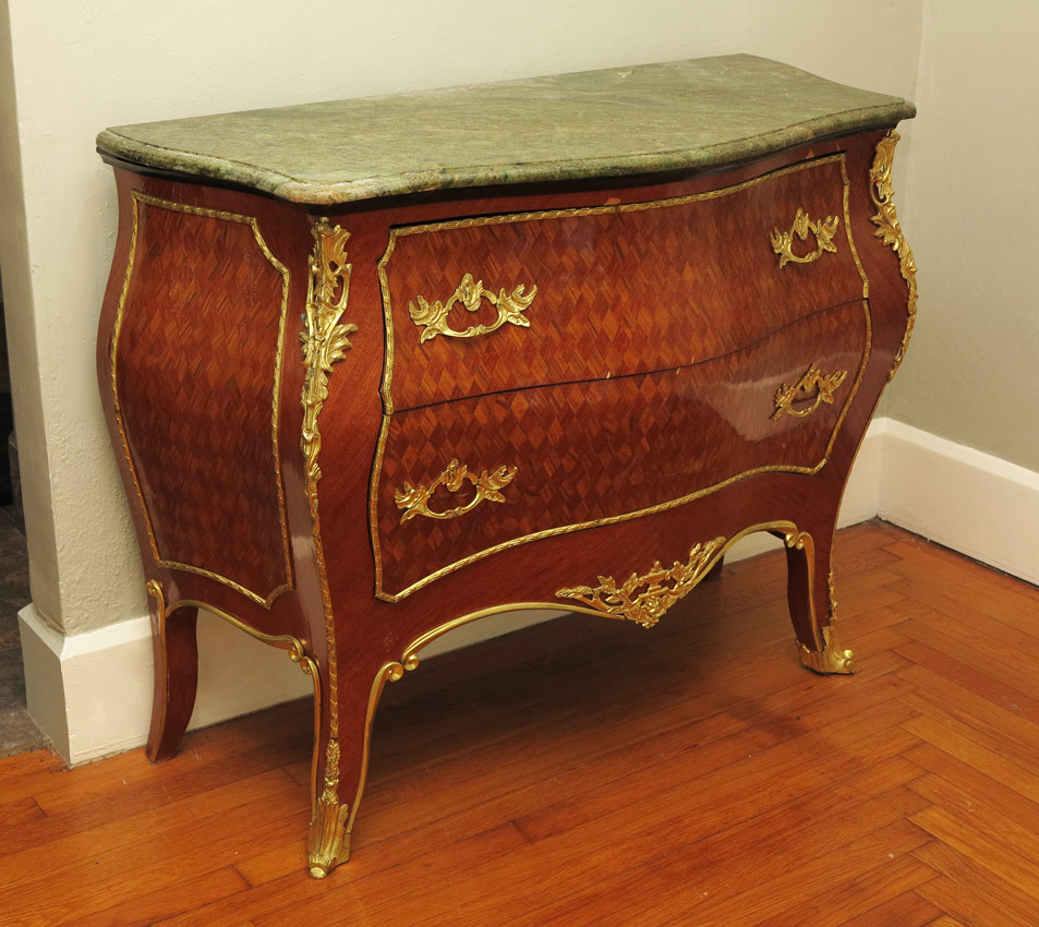 Appraisal: FRENCH STYLE MARBLE TOP ORMOLU BOMBE CHEST Green variegated marble