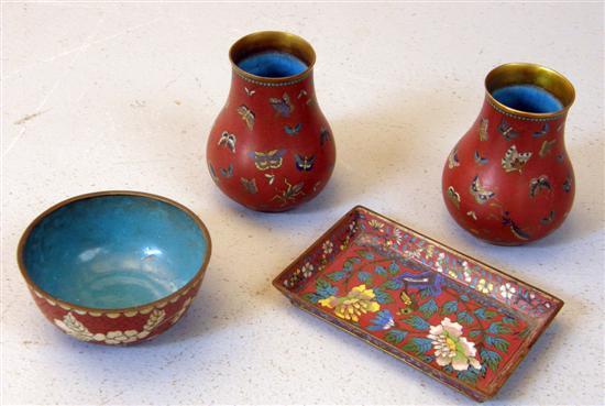 Appraisal: Pair of miniature cloisonne vases with iron red grounds and