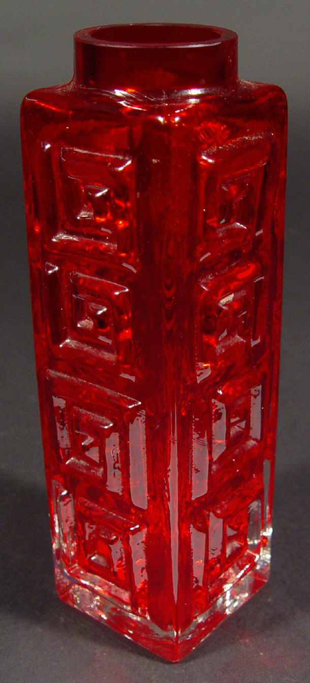 Appraisal: Whitefriars ruby glass Greek key vase cm high