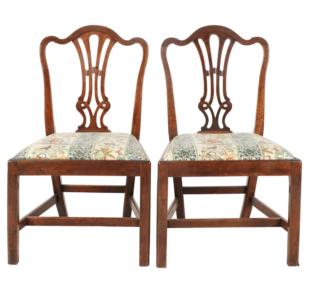 Appraisal: PAIR OF HEPPLEWHITE MAHOGANY SIDE CHAIRSeach with Chinoiserie upholstery inches