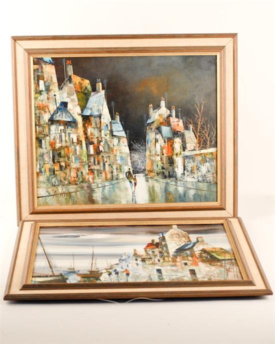 Appraisal: R Selva th C Mexico Two Abstract Cityscapes oils or