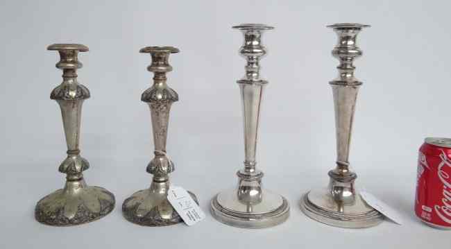 Appraisal: Lot two pairs silverplate candlesticks '' and '' Ht