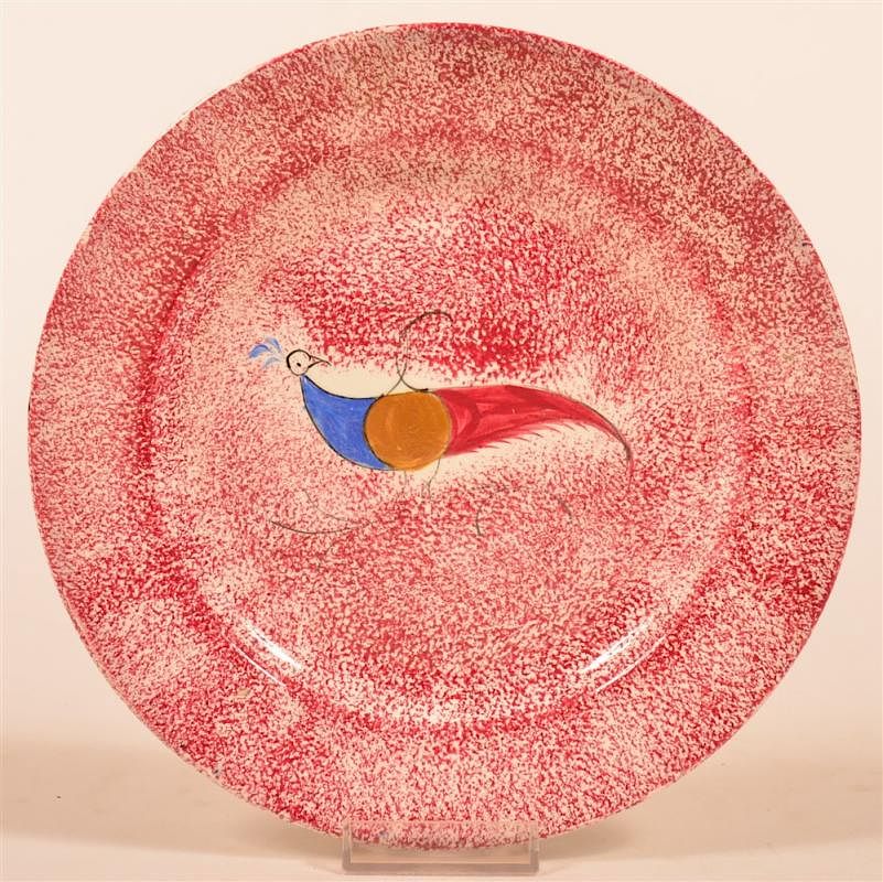 Appraisal: Red Spatter Ironstone China Peafowl Plate Red Spatter Ironstone China