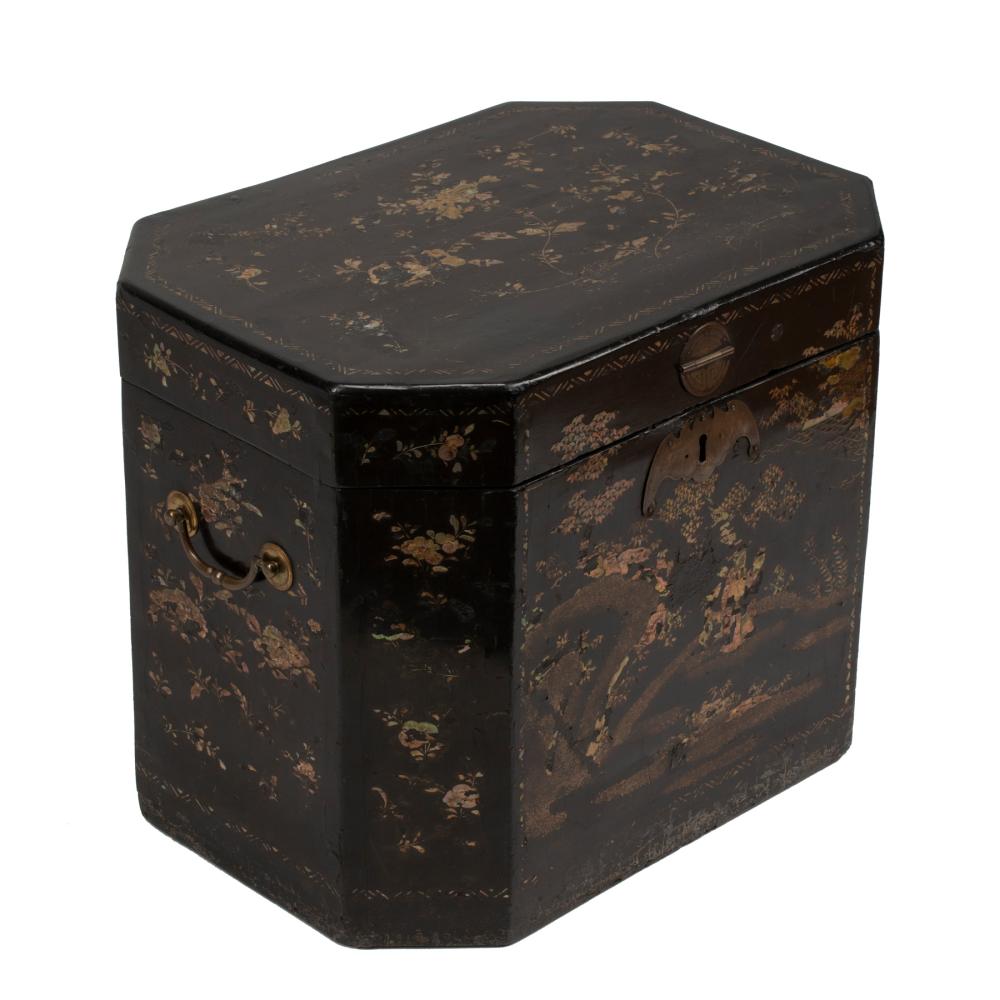 Appraisal: Chinese Mother-of-Pearl Inlaid Black Lacquer Octagonal Storage Box th c