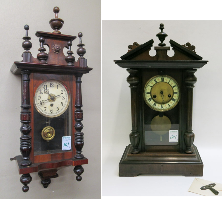 Appraisal: TWO GERMAN ANTIQUE CLOCKS walnut mantel clock with spring wound