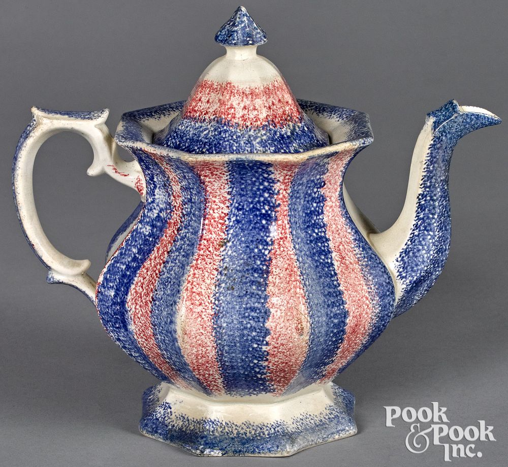 Appraisal: Unusual spatter teapot Unusual spatter teapot with red and blue