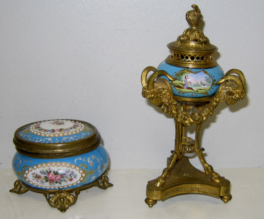 Appraisal: TWO PIECES ANTIQUE FRENCH ENAMEL Each blue grounded and with