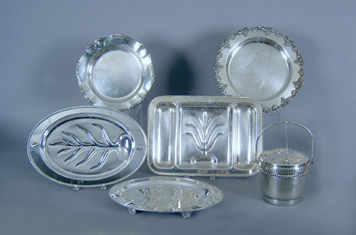 Appraisal: Four silver plated trays together with an ice bucket