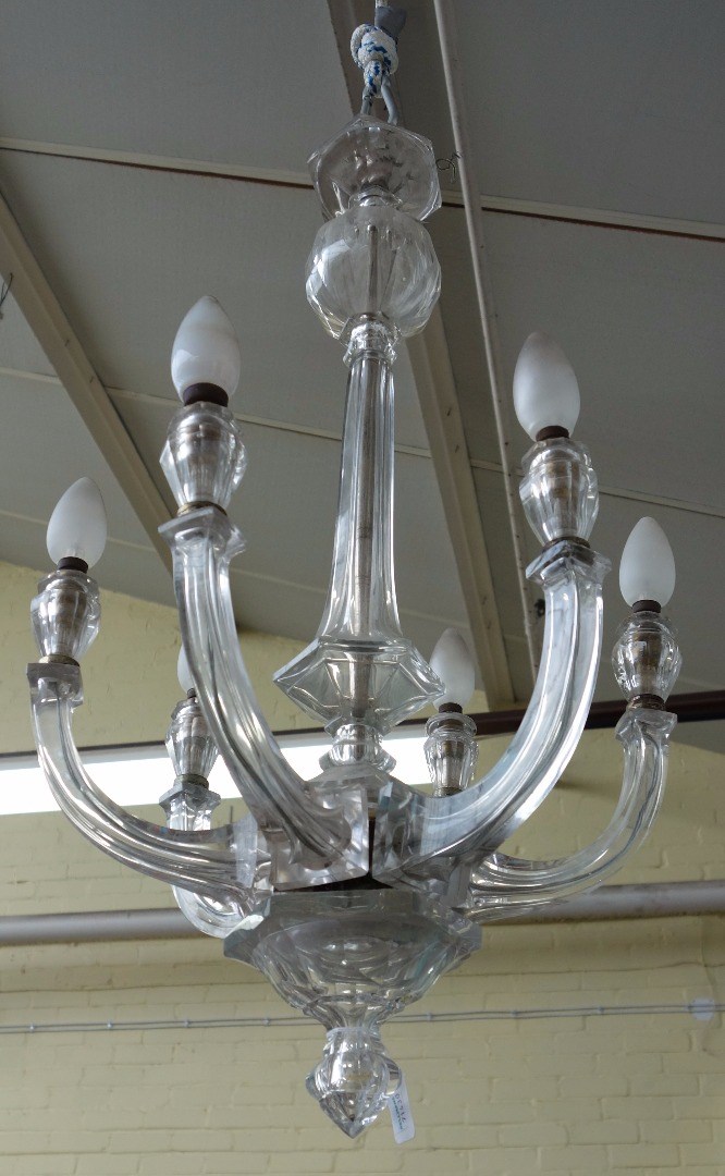 Appraisal: A clear glass six branch chandelier early th century with