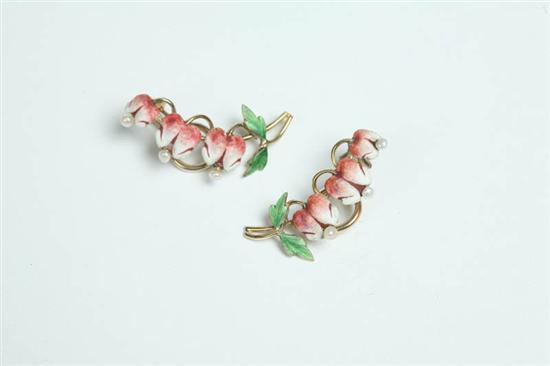 Appraisal: PAIR OF ENAMEL EARRINGS Bleeding hearts with pearl centers K