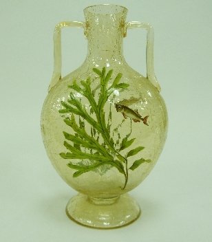 Appraisal: A Victorian crackle glass two handled vase enamelled fish and