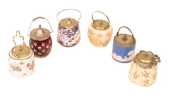 Appraisal: A group of English earthenware and glass biscuit barrels height