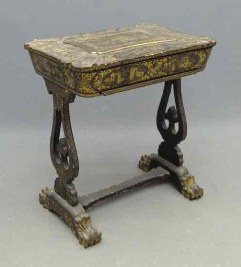 Appraisal: th c Chinese chinoiserie sewing table Includes some original ivory