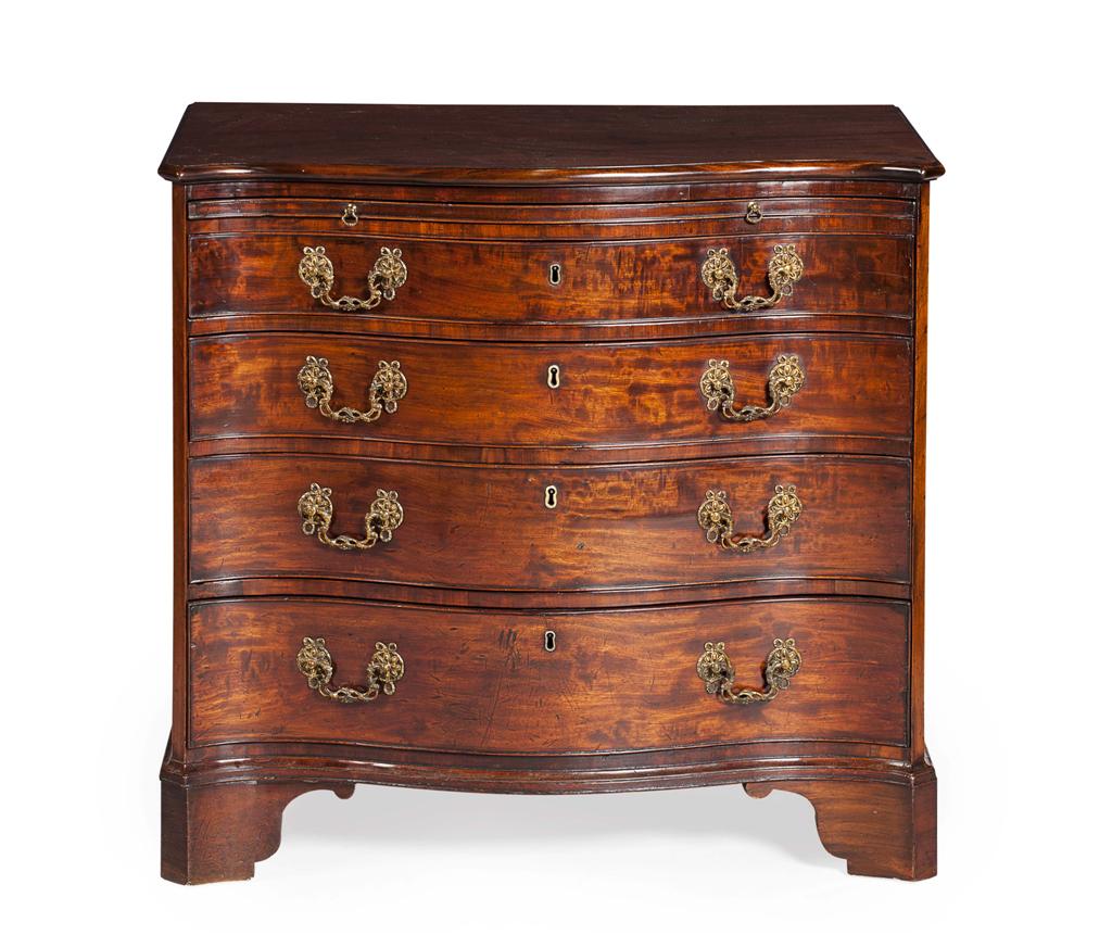 Appraisal: FINE GEORGE III FIGURED MAHOGANY SERPENTINE CHEST OF DRAWERS CIRCA