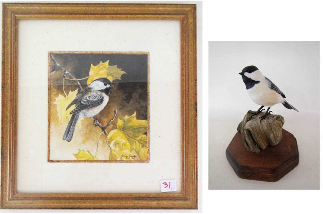 Appraisal: CHICKADEE WATERCOLOR AND WOOD CARVING watercolor by Janene Grende Idaho