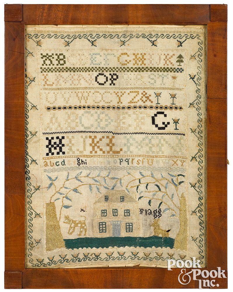 Appraisal: American silk on linen house sampler American silk on linen