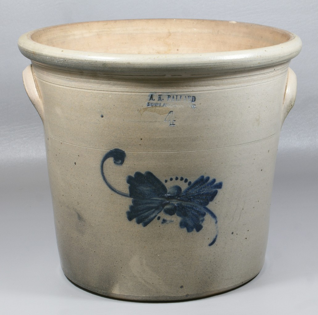 Appraisal: gallon AK Ballard Burlington VT stoneware flower pot with blue