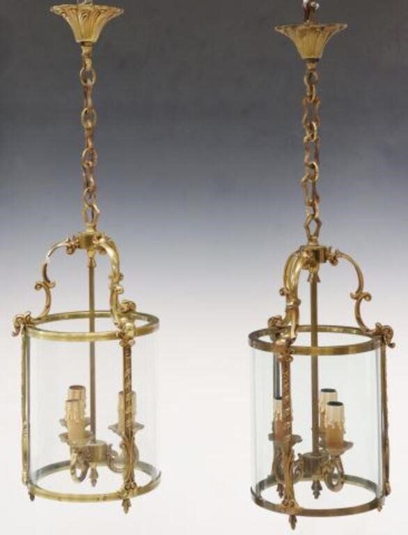 Appraisal: pair French brass cylindrical three-light hanging lanterns th c foliate