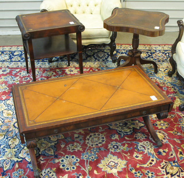 Appraisal: THREE FEDERAL STYLE MAHOGANY LIVING ROOM TABLES WITH LEATHER TOPS