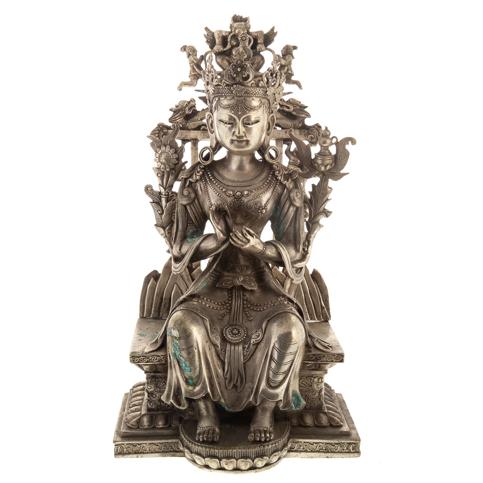 Appraisal: SINO-TIBETAN SILVERED BRONZE BODHISATTVA th century seated female figure on