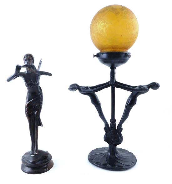 Appraisal: Art Nouveau style desk lamp and sculpture th C desk