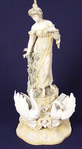 Appraisal: PORCELAIN FIGURAL LAMP MAIDEN FEEDING SWANS Overall '' porcelain figure