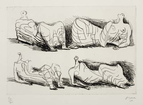 Appraisal: HENRY MOORE Four Draped Reclining Figures Etching x mm x