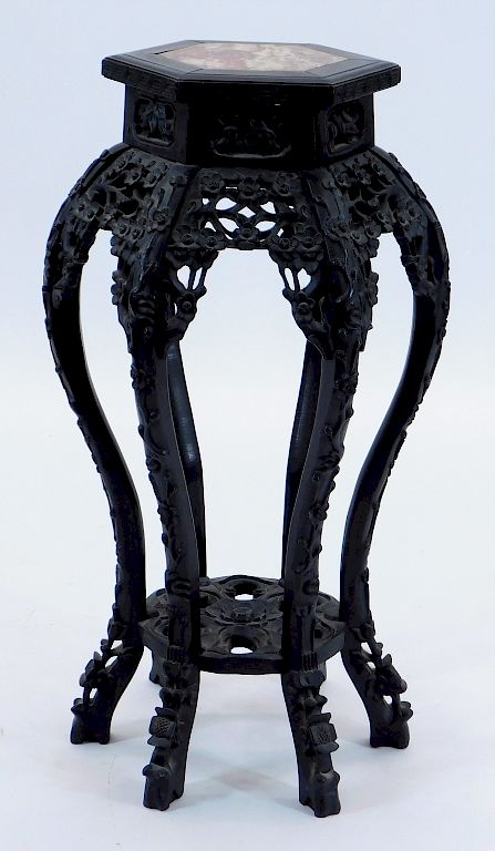 Appraisal: C Chinese Carved Wood Marble Plant Stand China th Century