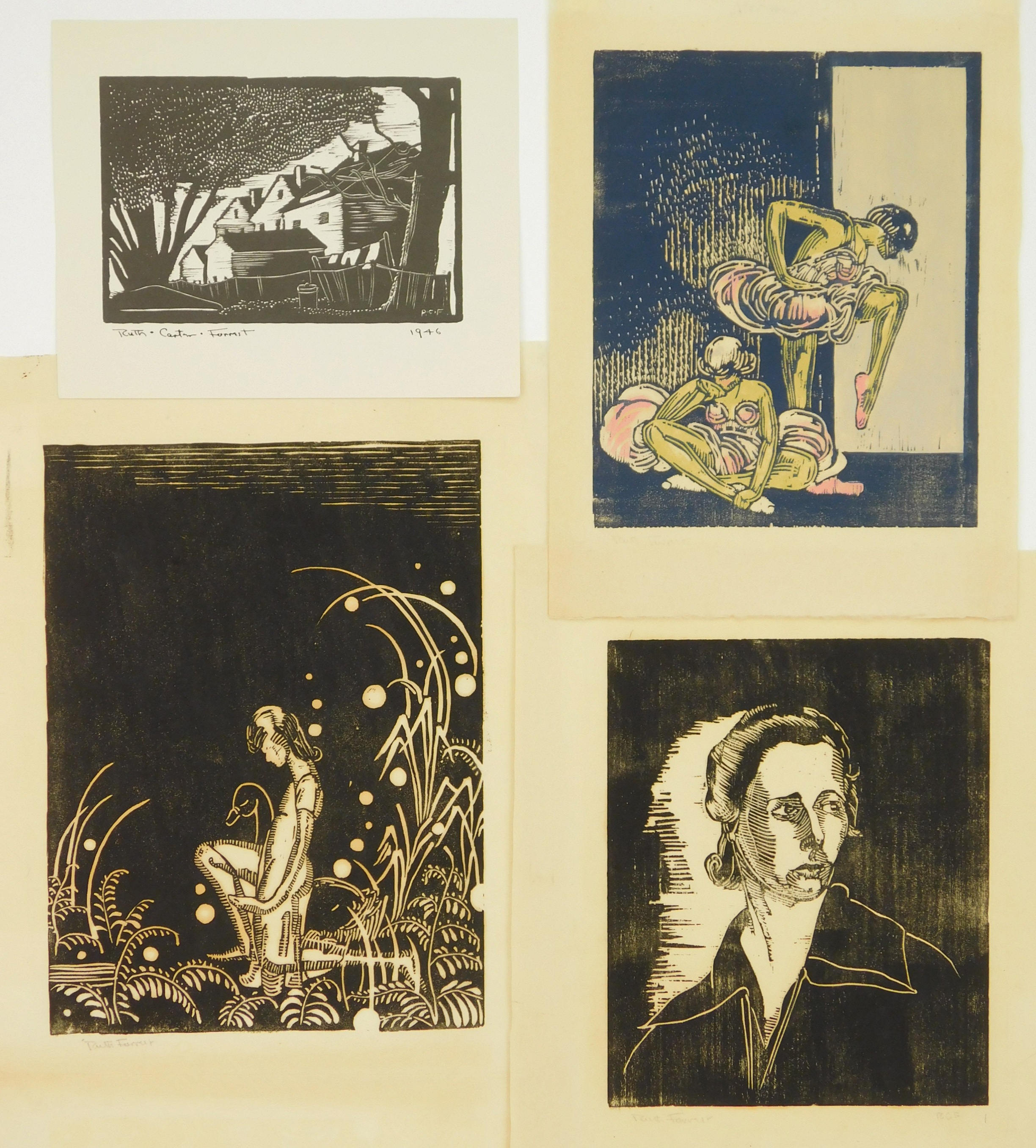 Appraisal: Ruth Forrest - ''Dancers'' ''Backyards'' Portrait ''Nymph and Swans'' woodblocks