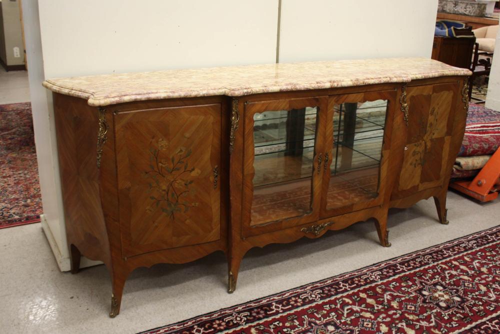 Appraisal: LONG LOUIS XV STYLE MARBLE-TOP BUFFET th century inlaid kingwood