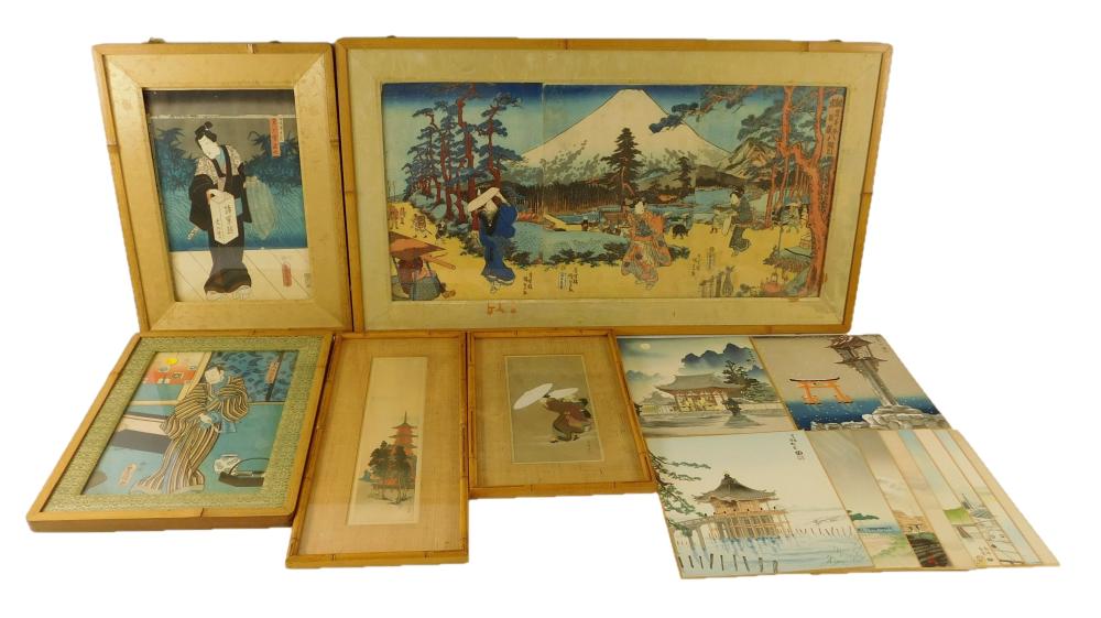 Appraisal: ASIAN Japanese woodblock prints fifteen pieces including framed triptych four